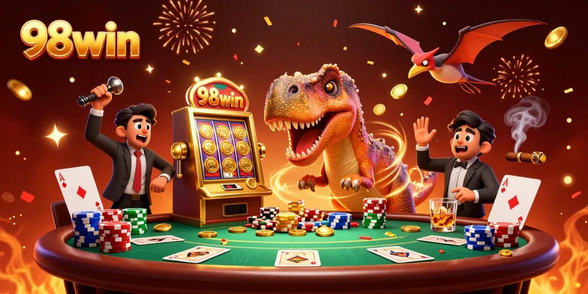 Experience thrilling jackpots at 98win with a 3D gaming scene featuring dinosaur antics.