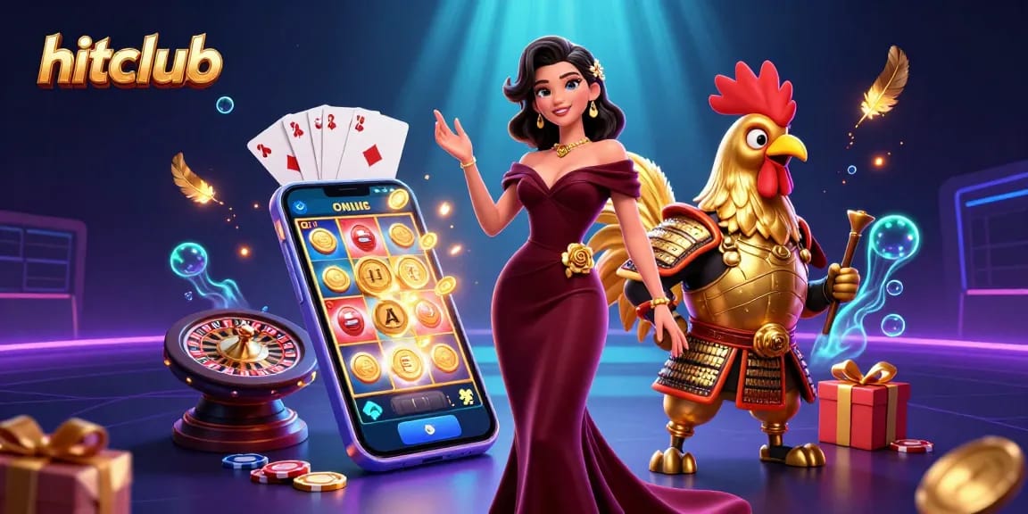 Hitclub showcases a glamorous casino scene with dynamic gaming elements and vibrant characters.
