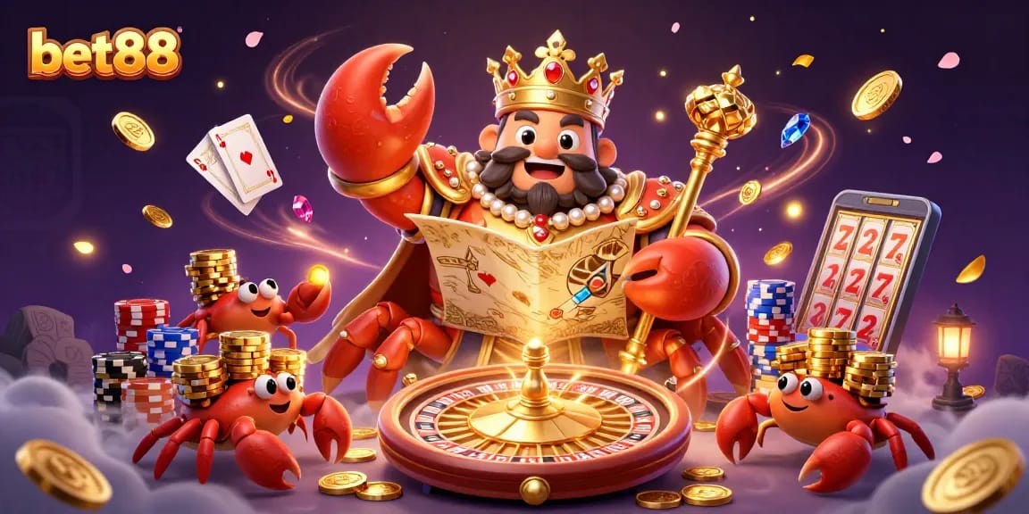 Bet88's vibrant fantasy casino scene featuring a golden crab emperor and treasures.