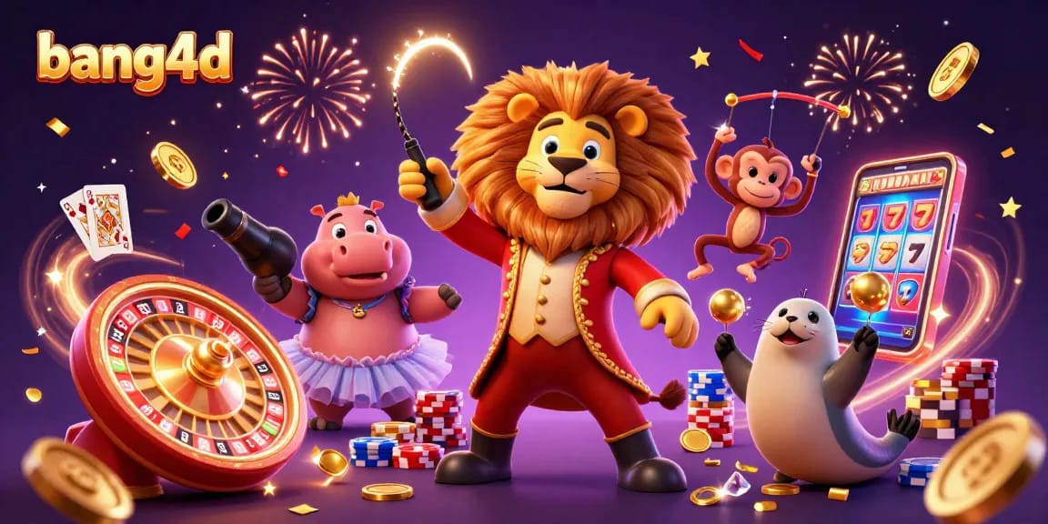 Win big at bang4d with a vibrant circus gaming scene featuring diverse casino characters, sparkling chips, and colorful elements.