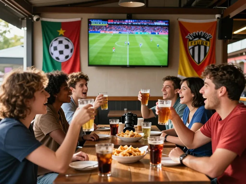 Exciting outdoor sports bar scene during a football match, showcasing diverse fans cheering, highlighting trang cá độ bóng đá experience.