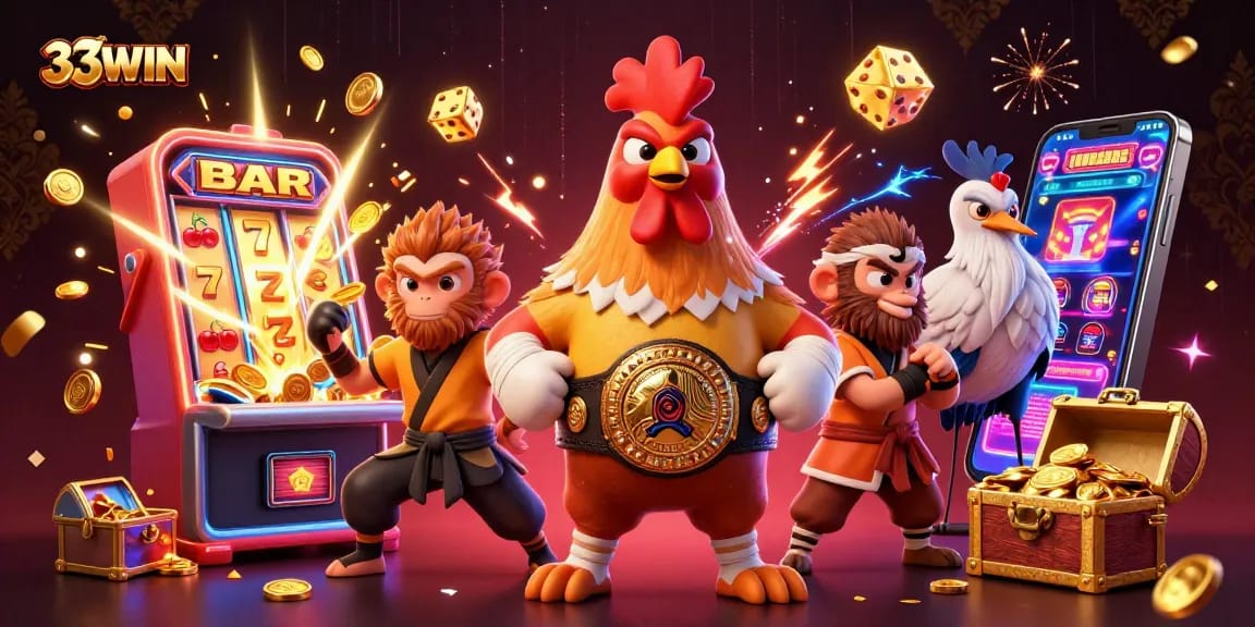 Experience thrilling gameplay at 33WIN with a vibrant casino scene filled with energetic characters and slot machines.