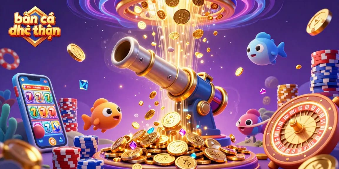 Bắn cá đổi thưởng action scene with underwater elements, coins, and vibrant characters.