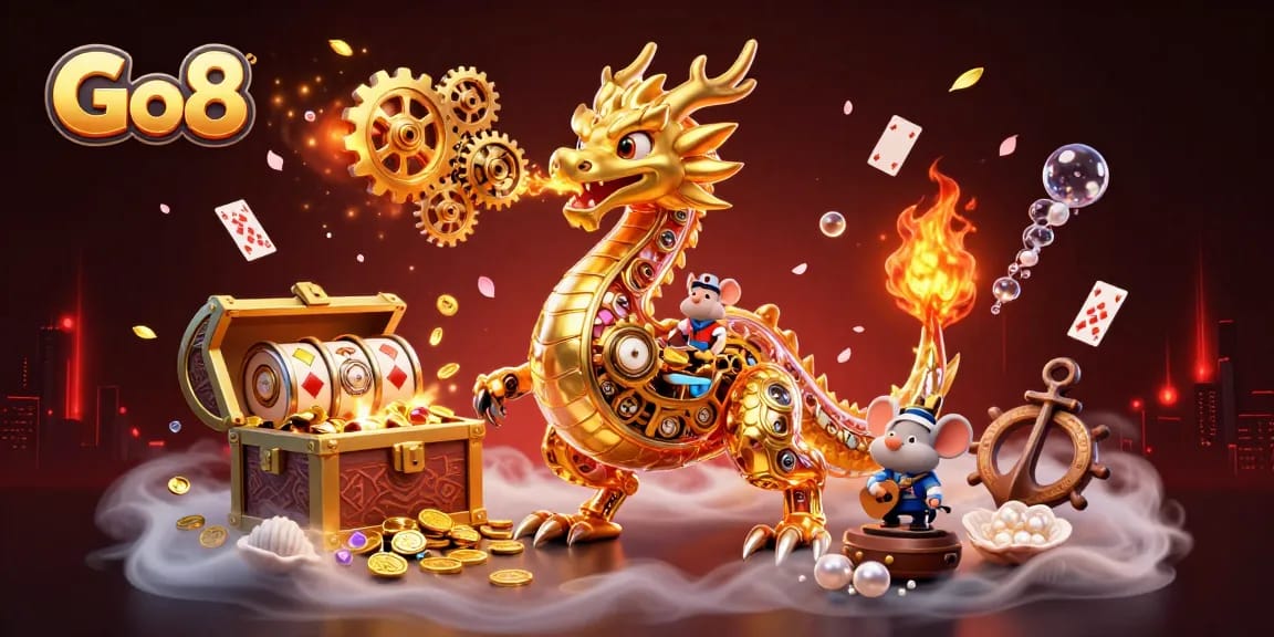 Engage with Go8 in an exciting 3D casino world with golden dragons and slot games.
