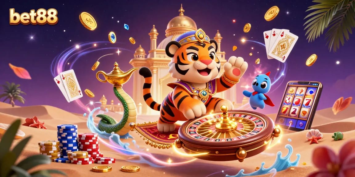 Spin the reels of bet88 with a dazzling Arabian Nights scene filled with vibrant casino action.
