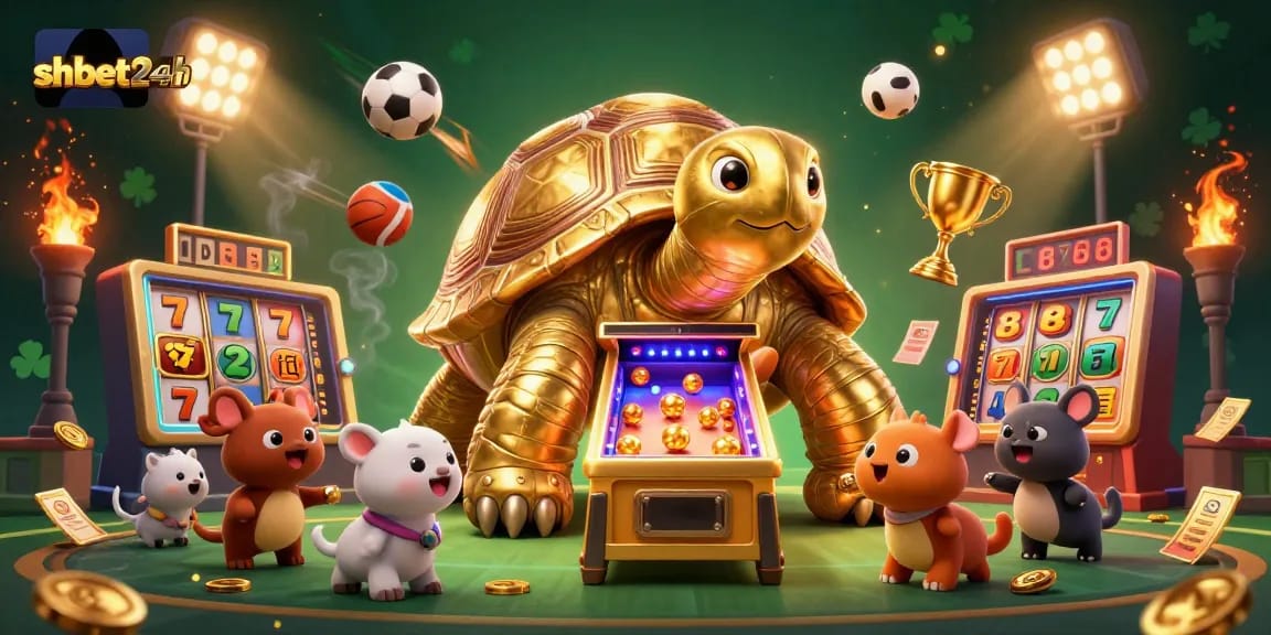 Play exciting slot games at shbet24h with a golden tortoise pinball machine surrounded by vibrant elements.