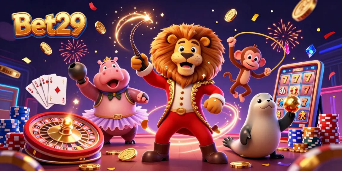 Experience the thrill of Bet29 with engaging characters, casino games, and dazzling prizes in this vibrant illustration.