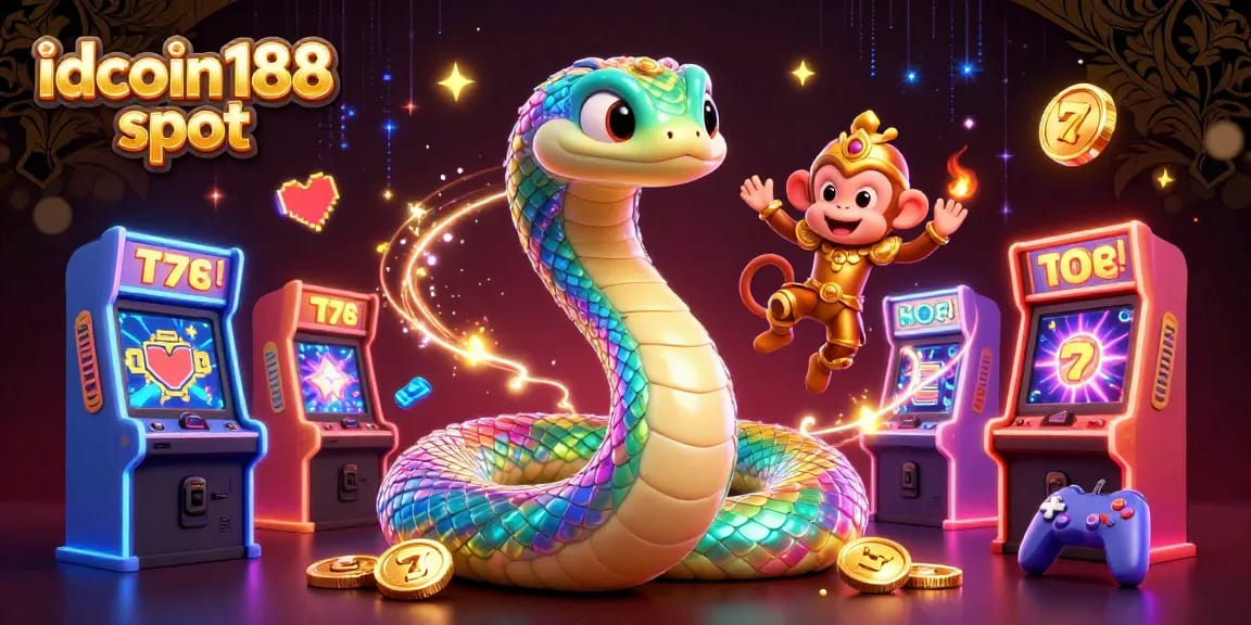 Experience the excitement of idcoin188 slot with vibrant visuals of rainbow serpent and playful characters.
