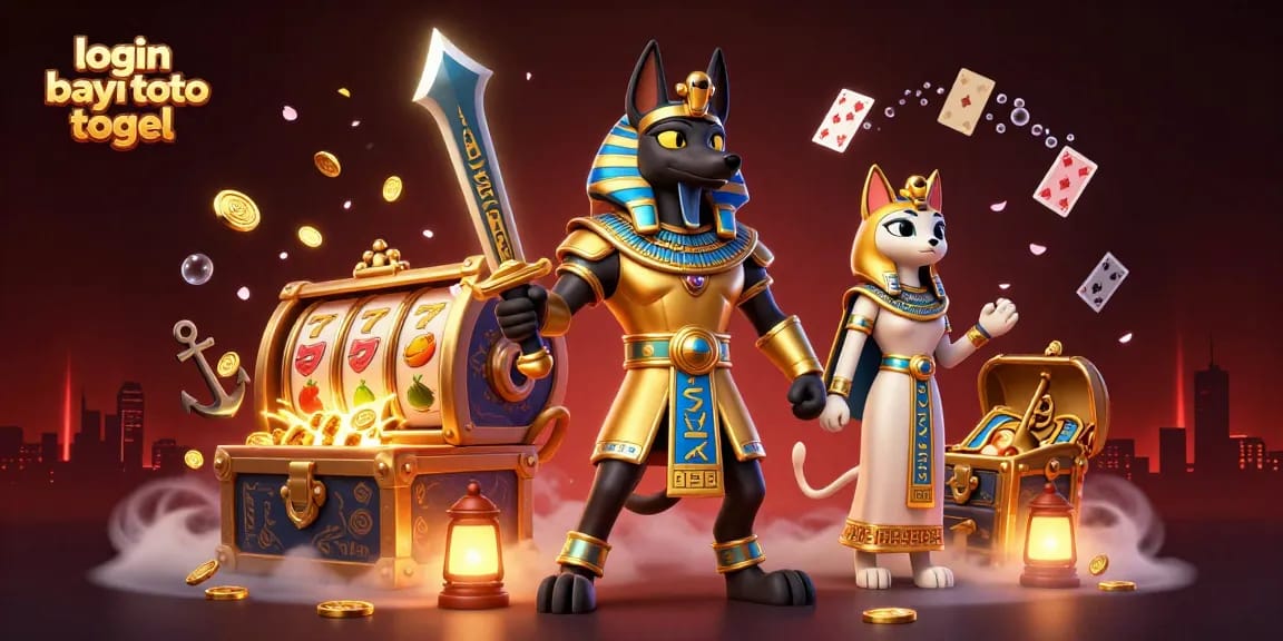 Engage with thrilling gameplay at login bayi toto togel featuring Anubis and Bastet amid a colorful casino scene.