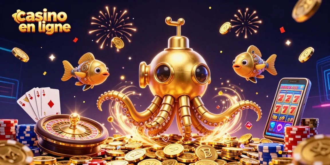 Jouez à des jeux captivants de casino en ligne avec un kraken doré et des poissons mécaniques.