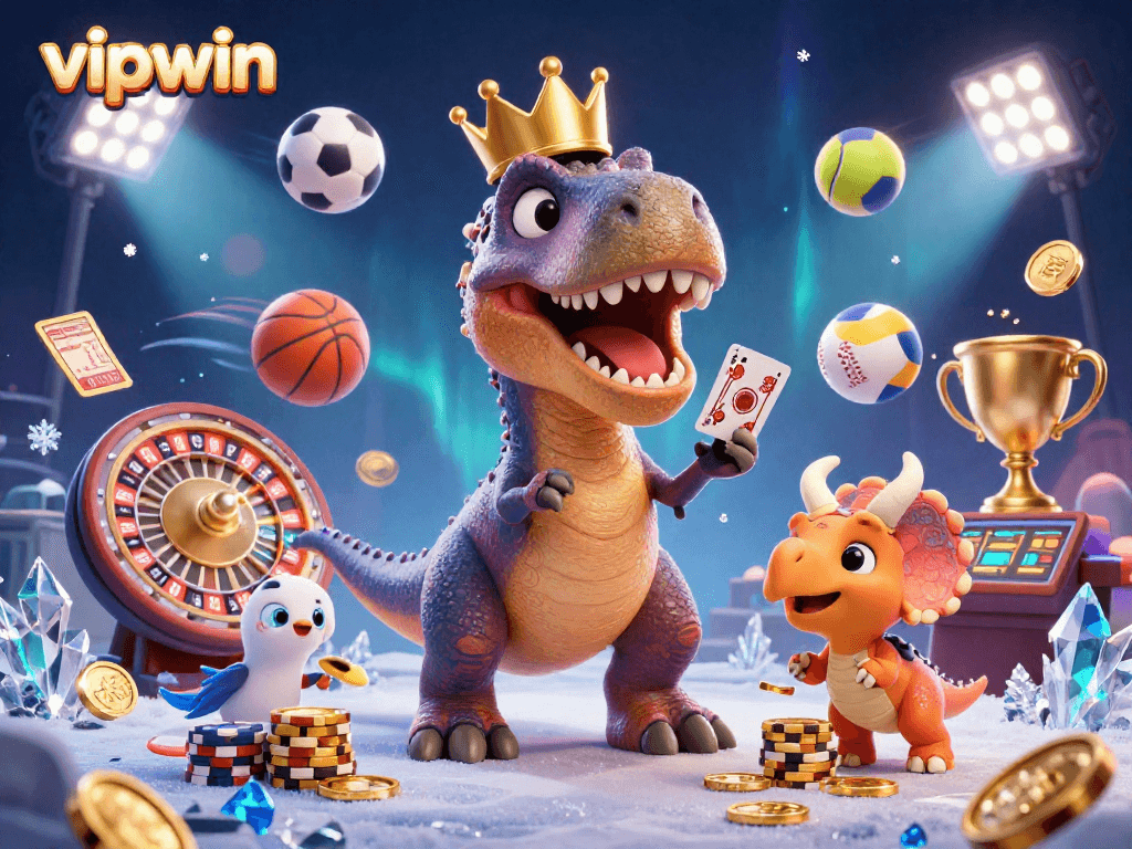 Experience vibrant gameplay with vipwin, featuring a T-Rex shuffling cards at a lively casino scene.