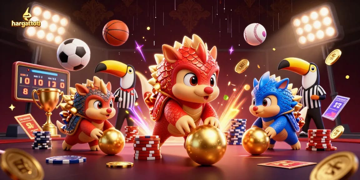 Engage in thrilling gameplay at situs hargatoto with vibrant pangolins bowling through poker chips and golden coins.