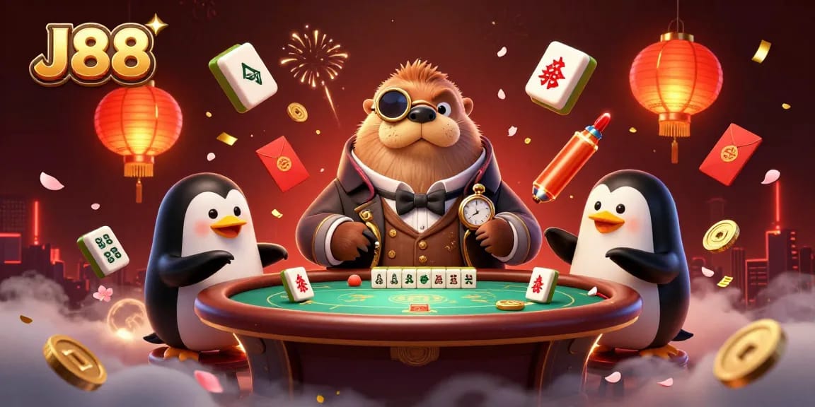 J88 showcases a lively underwater poker game with a walrus, penguin dealer, and pufferfish bluffing.