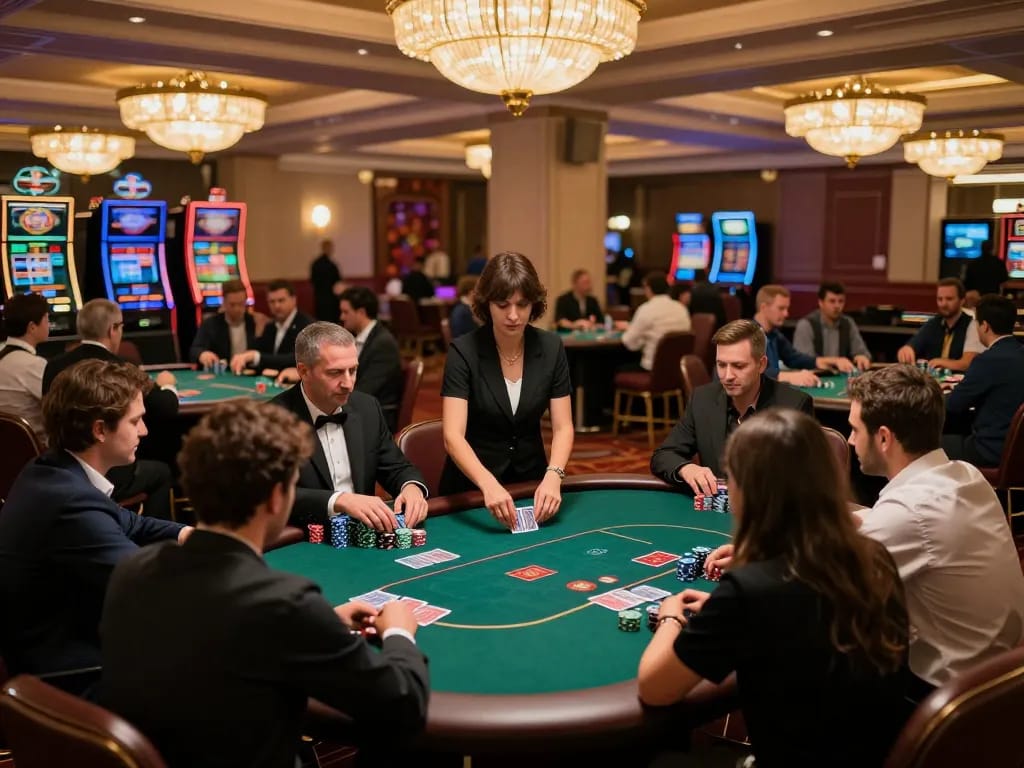 KJC players enthusiastically competing at a high-stakes poker table in a vibrant casino setting.