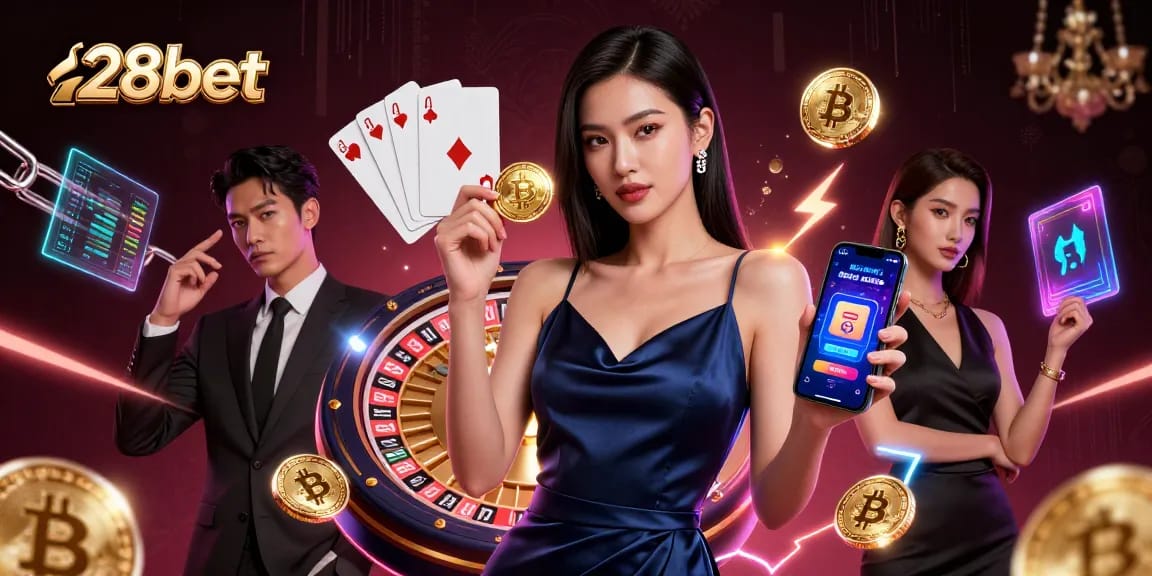Engage in thrilling gameplay at 28bet with a stunning Asian woman showcasing casino app and golden chip, surrounded by excitement.
