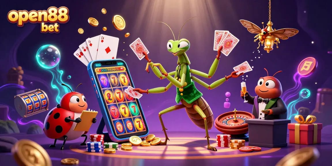 Experience the excitement of open88 bet with a dynamic casino scene featuring cartoon characters and vibrant game elements.