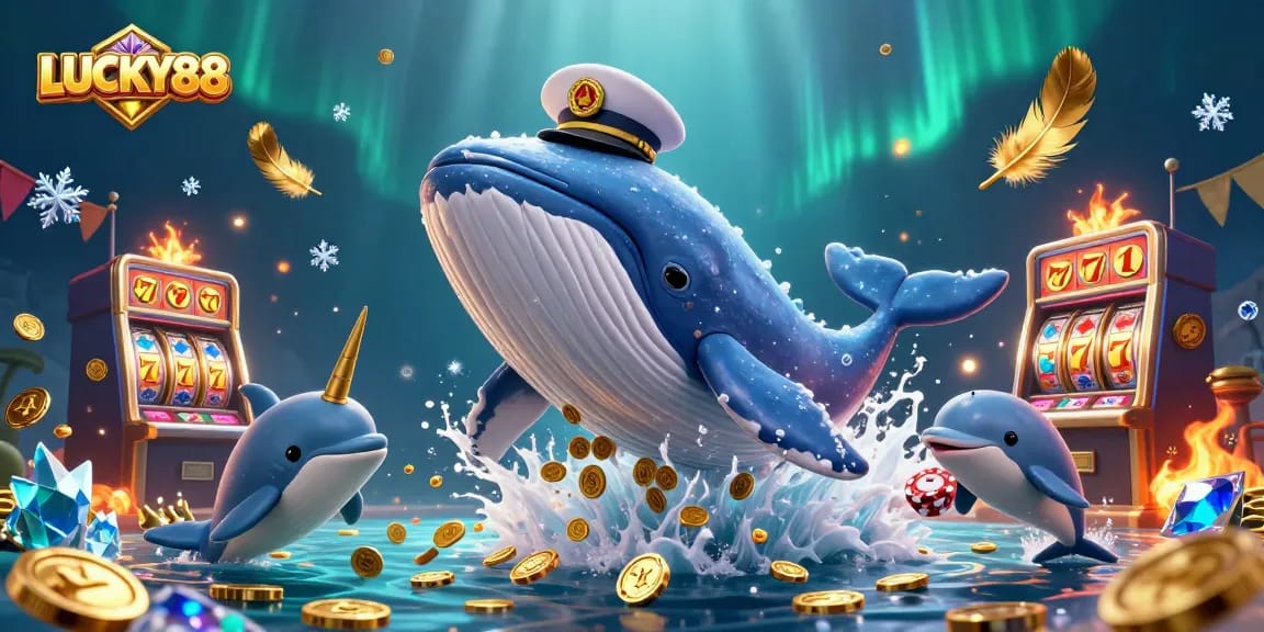 Engage with LUCKY88 as characters celebrate wins amid coins, golden feathers, and slot elements.