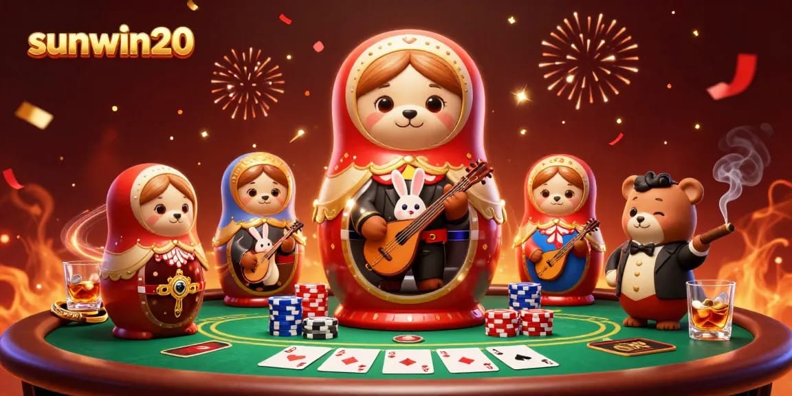 Experience excitement at sunwin20 with a vibrant casino scene featuring playful characters and poker elements.