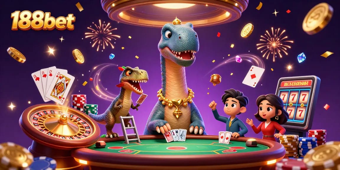 Engage with 188bet's dynamic casino experience featuring a playful cartoon brontosaurus and raptor.