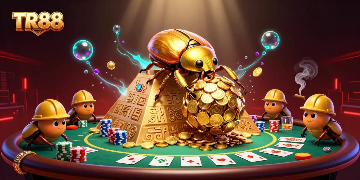 Experience TR88's exciting casino atmosphere with golden beetles rolling coins and poker elements.