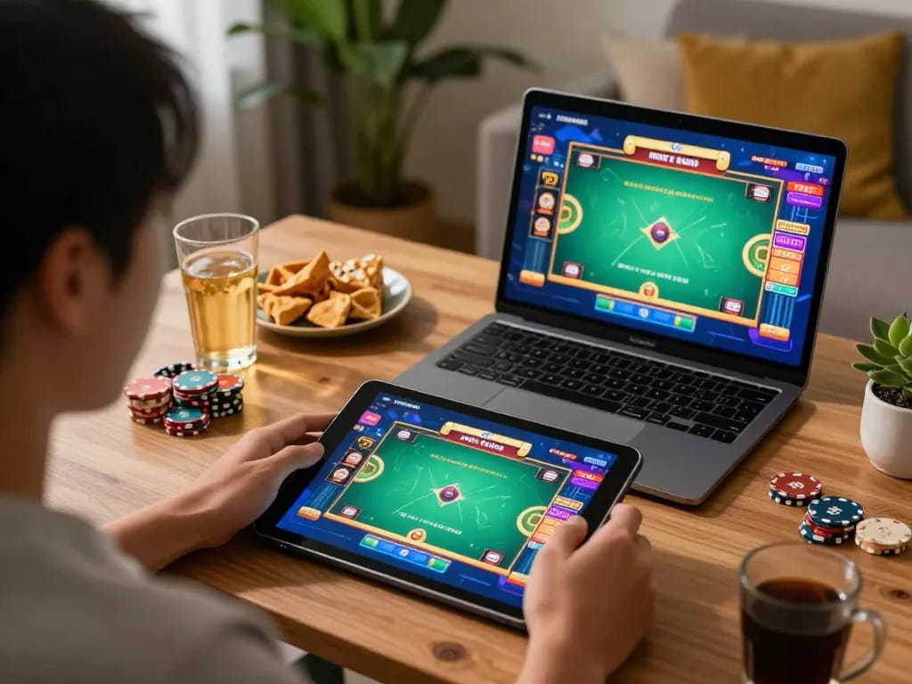 Engaged player enjoying game bài on tablet in stylish home gaming setup.