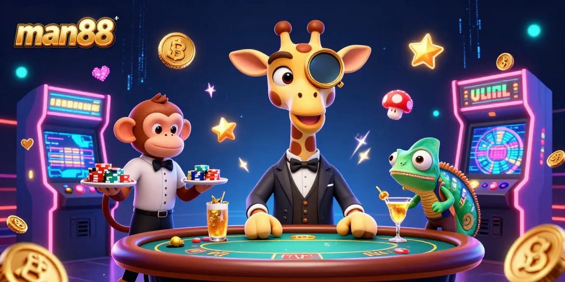 Experience thrilling gaming at man88 with a high-roller giraffe, monkey valet, and chameleon bartender in a colorful casino scene.