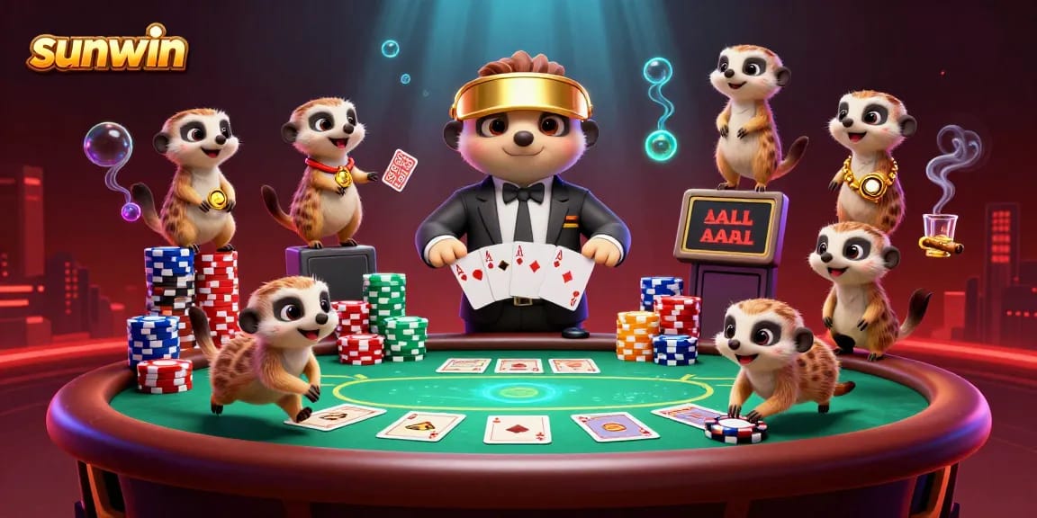Engage with sunwin's immersive 3D casino scene featuring meerkats in a dynamic card game.