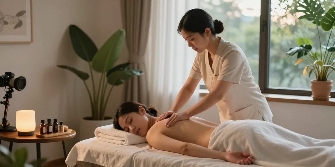 안산출장마사지 고객이 한국인 관리사에게 편안하게 마사지를 받는 모습