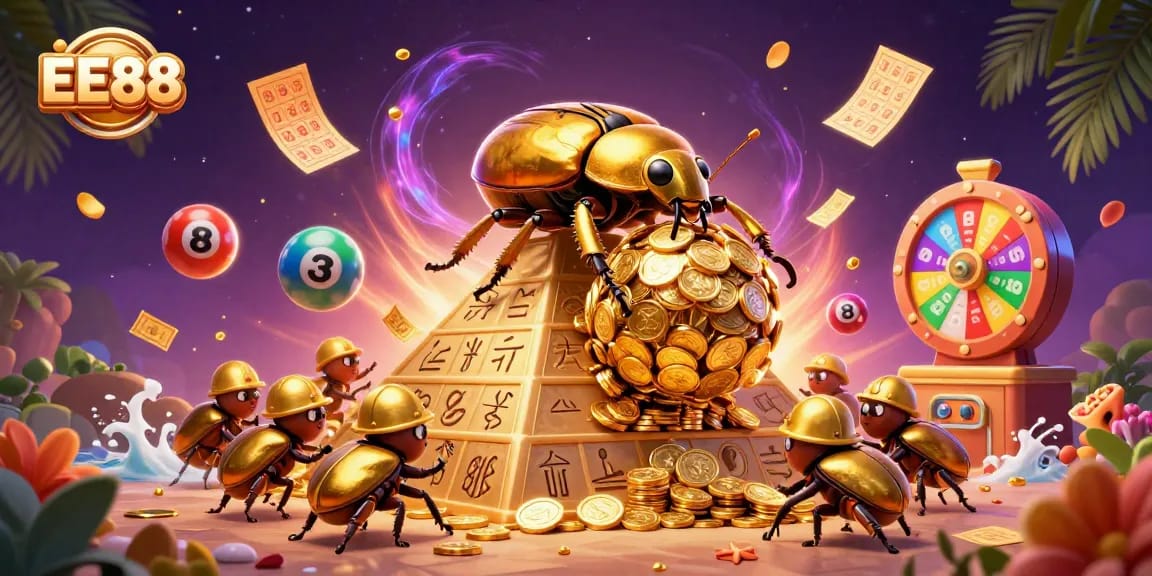 EE88 casino beetles roll golden coins while colorful lottery balls bounce around in action.