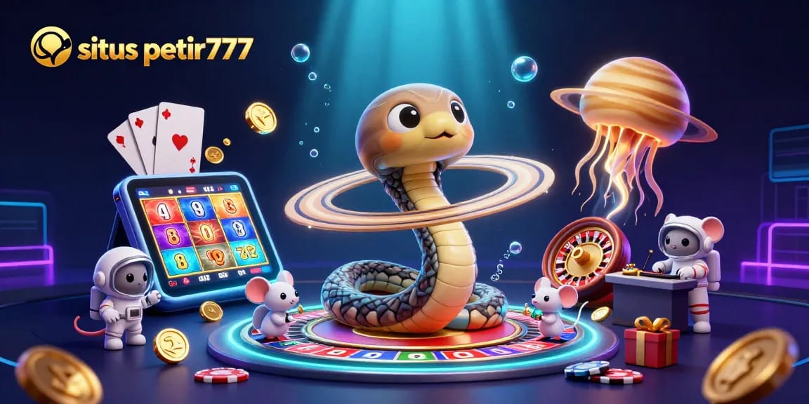 Engage with situs petir777 through a vibrant cosmic gambling scene featuring a snake and astronaut mice.