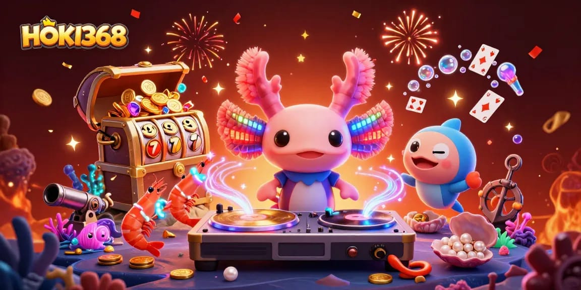Experience the thrill of HOKI368's vibrant gaming scene with a lively 3D cartoon illustration.