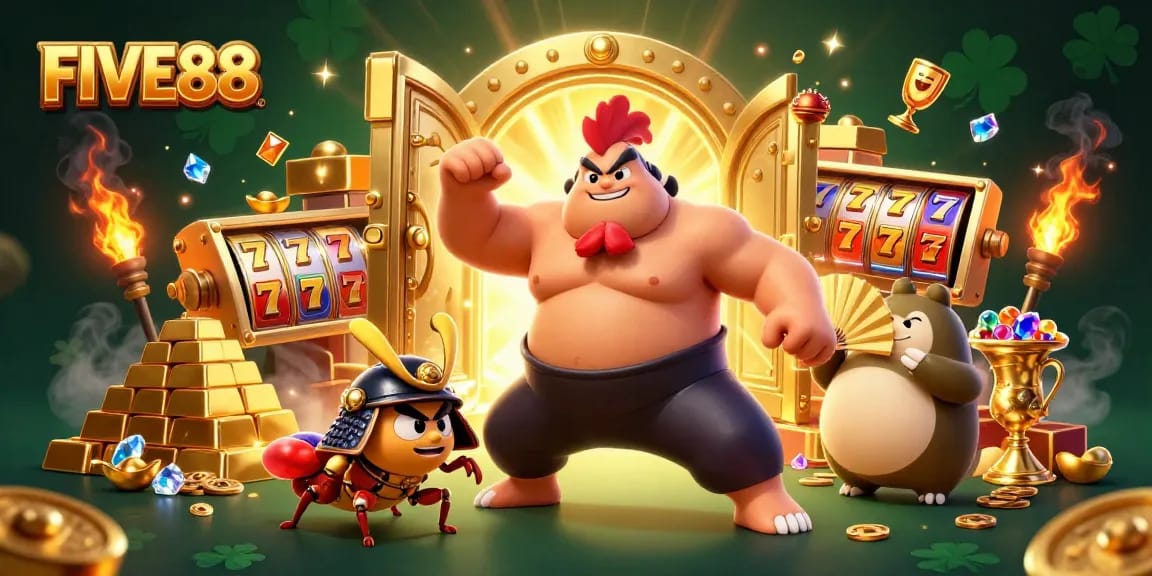 Engage with FIVE88 action in this vibrant casino scene featuring a sumo wrestler, samurai cricket, and a tanuki announcer.