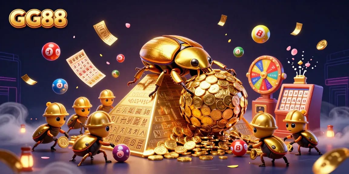 Engage with GG88 as a golden dung beetle rolls coins, surrounded by vibrant casino elements.
