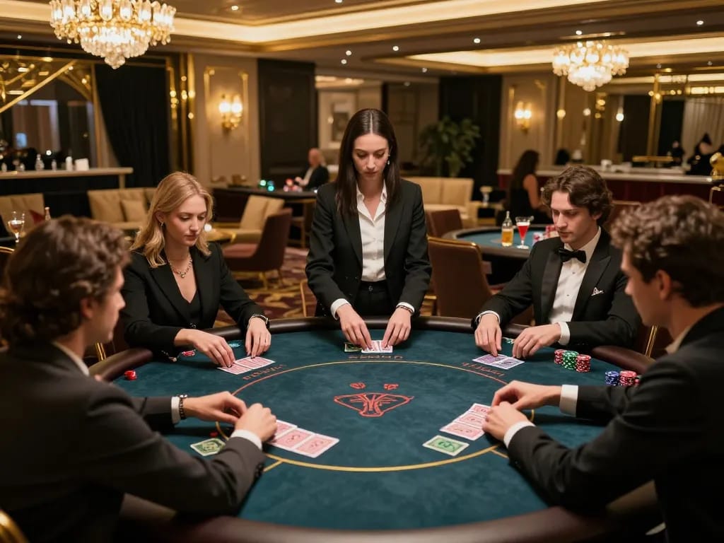 Players engaged in intense poker game at qh88eu's luxurious casino, showcasing high-stakes ambiance.
