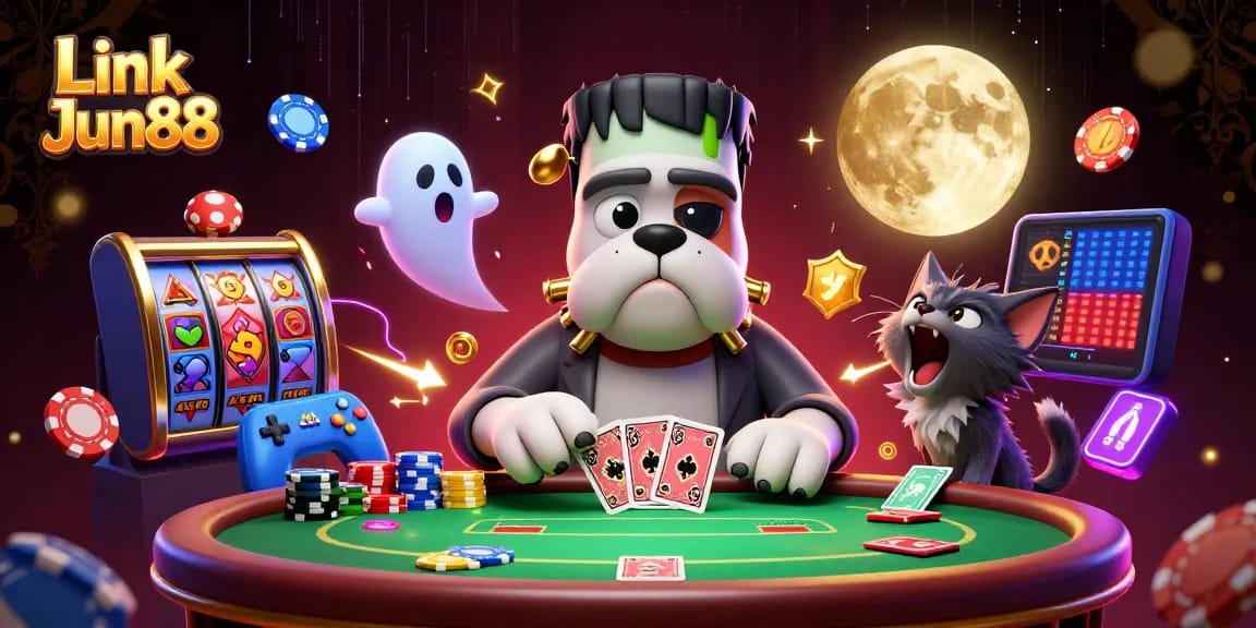 Link Jun88 highlights an exciting poker scene featuring a Frankenstein bulldog dealer and a ghost mouse.