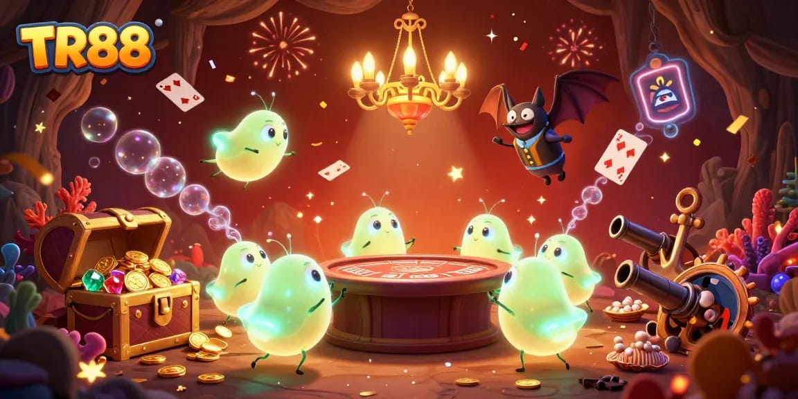 Experience TR88’s cave casino magic with glowing glowworms and a bat dealer in this vibrant scene.