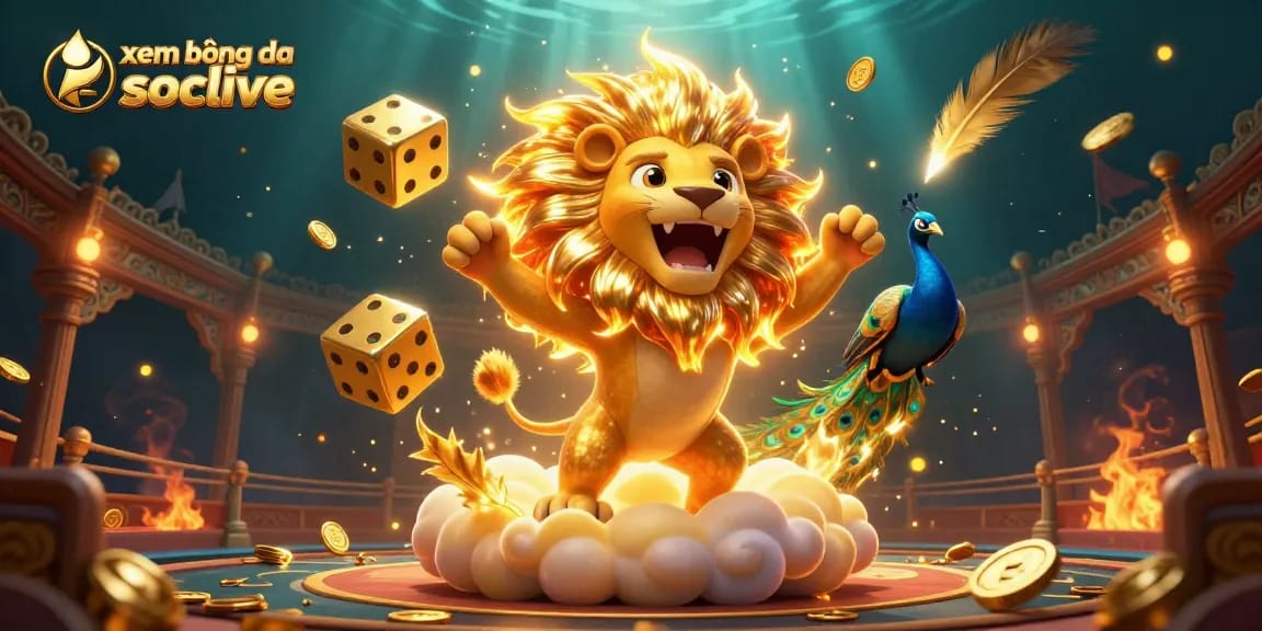 xem bóng đá socolive with a roaring sun lion and golden dice in a vibrant sports betting arena