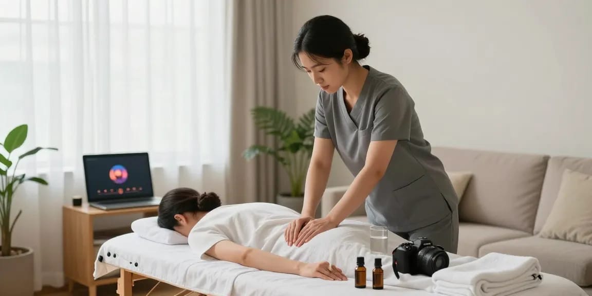 인천출장안마 서비스 중인 마사지사와 고객이 편안한 실내에서 마사지 받고 있는 모습