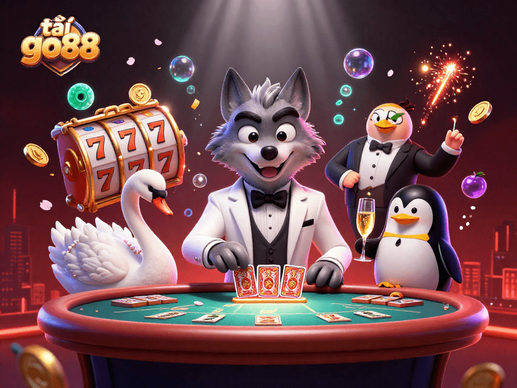 Immerse in the thrills of tải go88 as a debonair wolf plays baccarat and a swan deals cards.