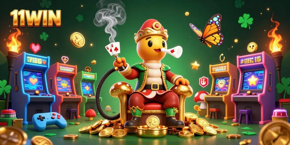 Experience exciting gameplay at 11WIN as the caterpillar master blows poker symbols in a vibrant casino scene.