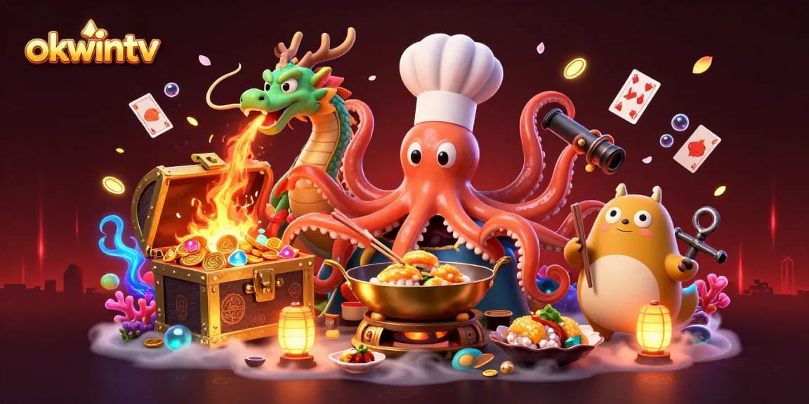 Experience the thrill of okwintv with a colorful, immersive 3D casino scene filled with vibrant characters.