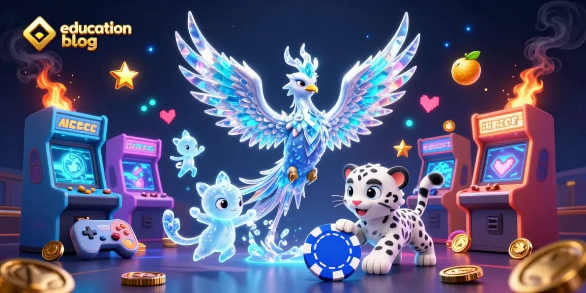 Engage with this vibrant education blog scene featuring a playful snow leopard cub and a mystical ice phoenix amidst a colorful casino landscape.