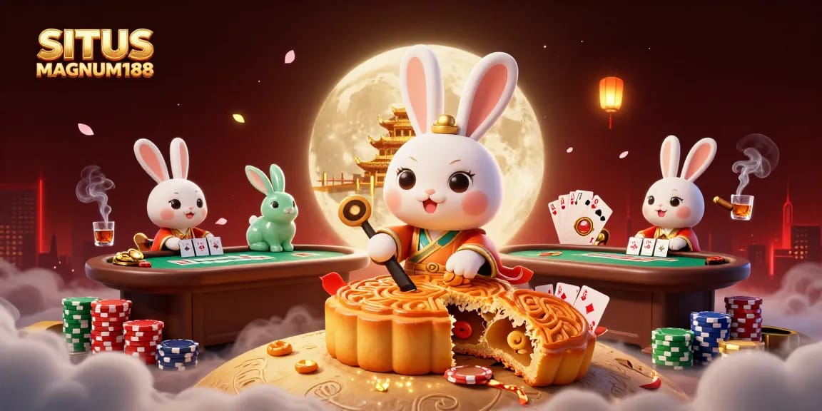 Engage in thrilling gameplay at SITUS MAGNUM188 with 3D moon rabbit characters amidst poker elements.