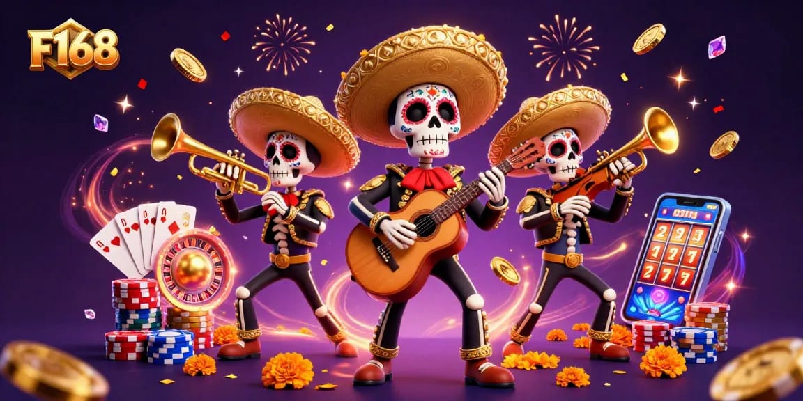 Experience F168's vibrant gaming with a lively mariachi band amidst cascading coins and spinning roulette.