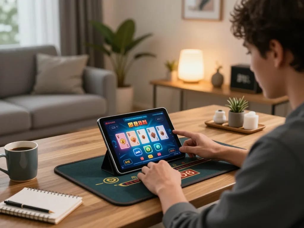 Engaging gameplay on ee88 platform in a cozy home setting, showcasing online gambling experience.