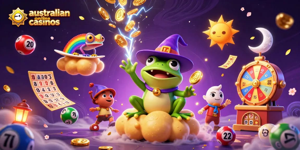 Catch the excitement of australian online casinos with colorful themed characters and dynamic gambling elements.