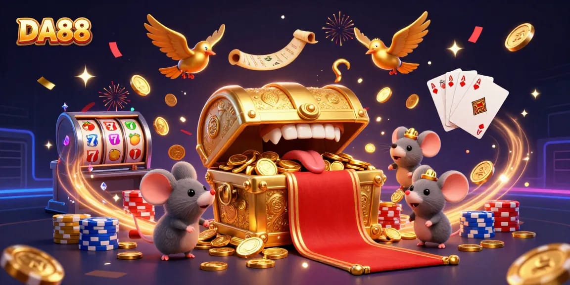 Immerse in the thrills of DA88 casino with golden treasures, spinning slot reels, and vibrant gaming energy.