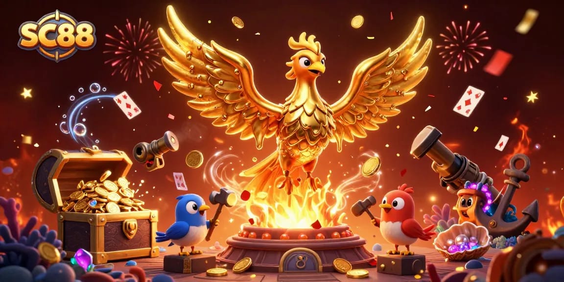Experience unparalleled wins at SC88 with a dazzling phoenix emerging from molten gold, embodying fortune and excitement.