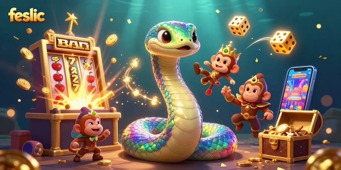 Experience the excitement of feslic with vibrant slots, golden treasures, and magical characters in a dynamic casino scene.
