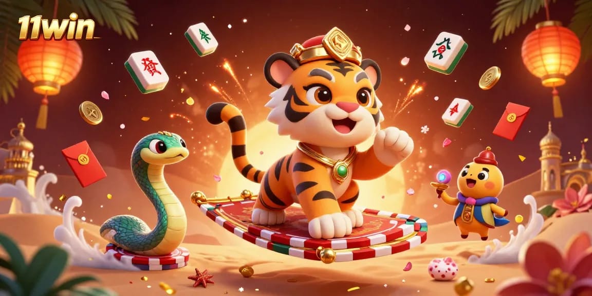 Experience the magic of 11WIN with an Arabian Nights-themed casino illustration featuring a tiger sultan and vibrant gaming elements.
